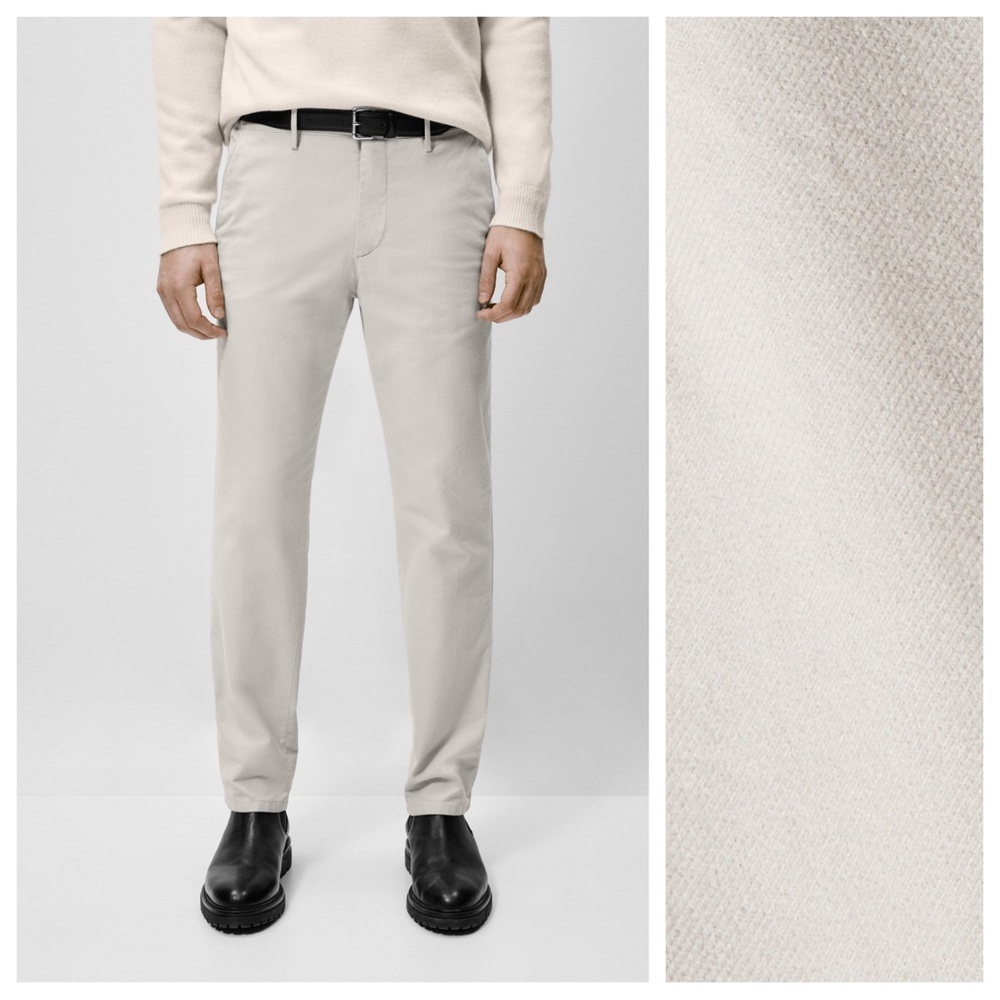 NWT. Massimo Dutti Light Gray Cotton Slim-Fit Moleskin Twill Trousers. Size 32.